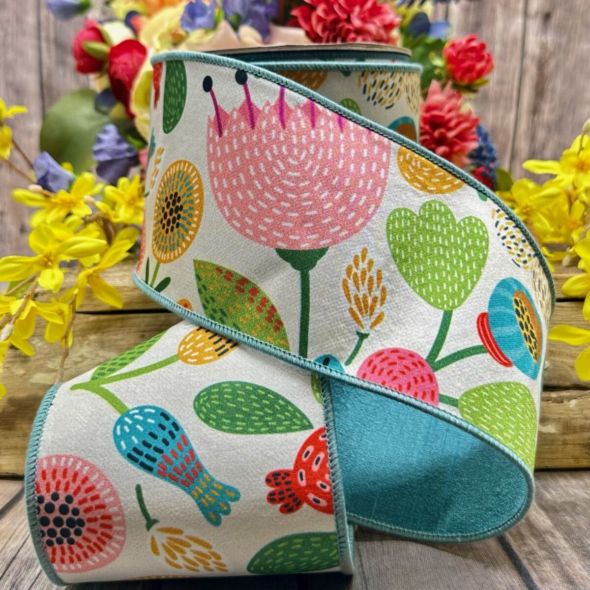 Floral Dupion Ribbon Green Blue Pink 4 Inch x 10 Yards