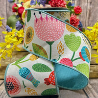 Floral Dupion Ribbon Green Blue Pink 4 Inch X 10 Yards