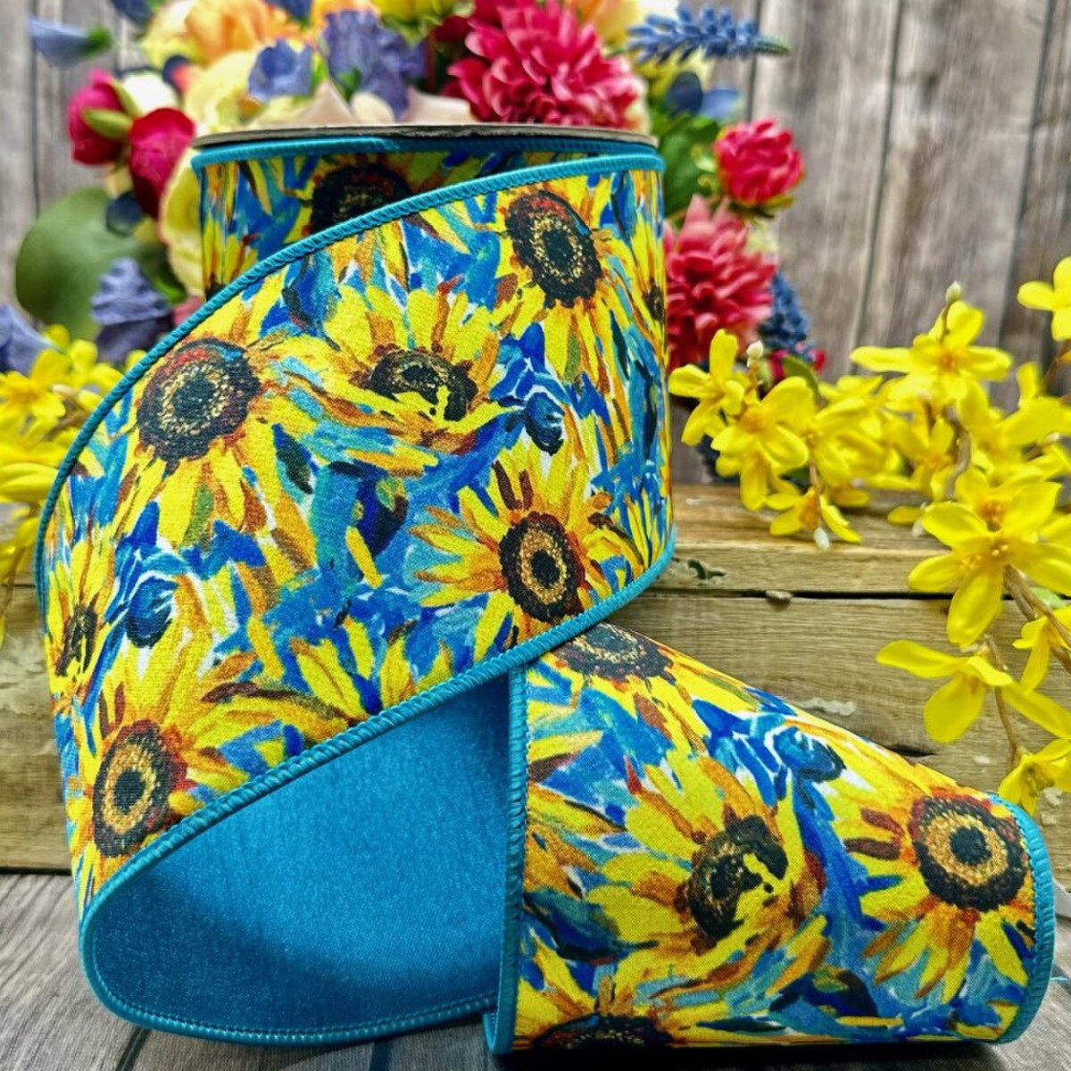 Sunflowers Dupion Ribbon Blue Yellow 4 Inch x 10 Yards