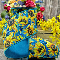 Sunflowers Dupion Ribbon Blue Yellow 4 Inch X 10 Yards