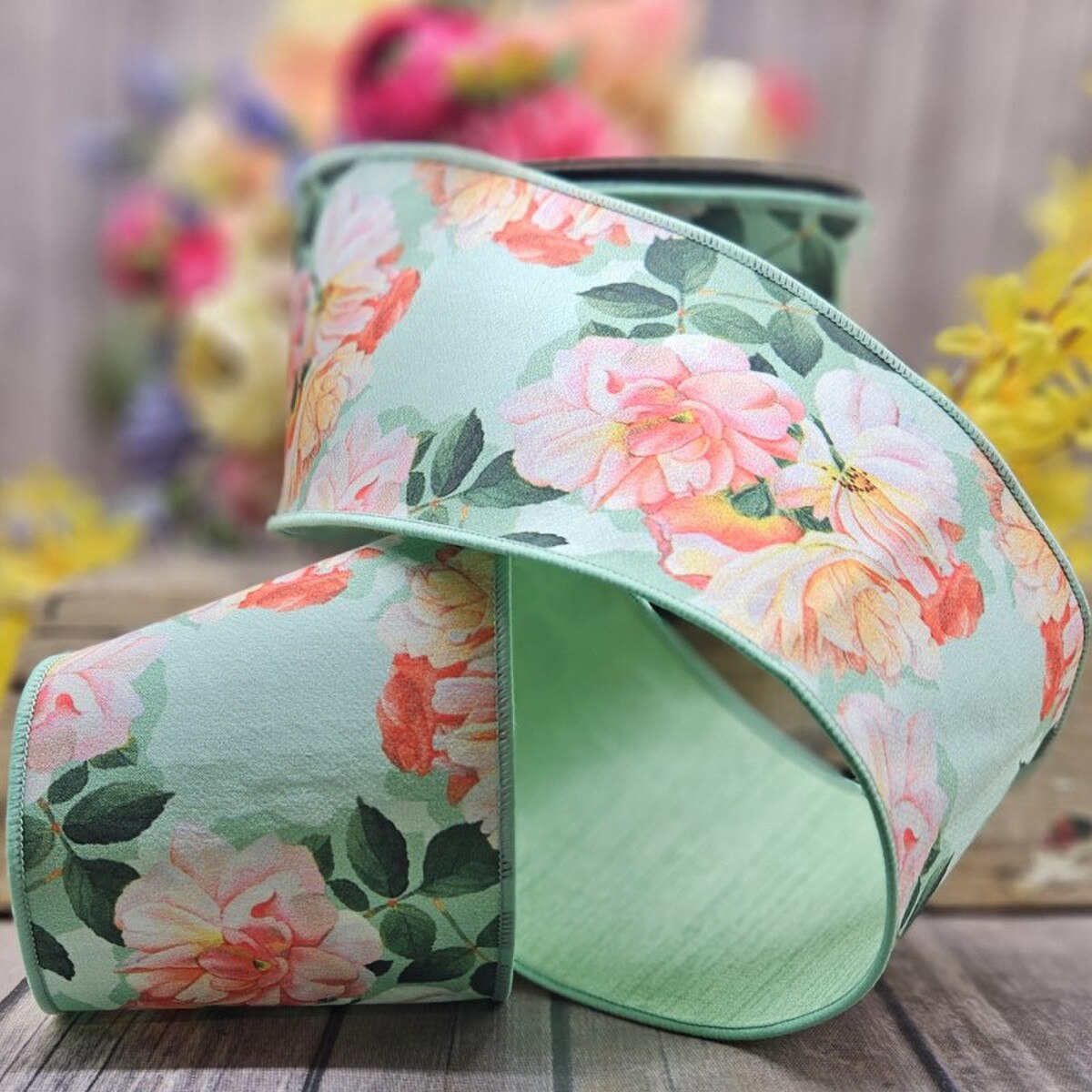 Peach Dupion Garden Roses 4 Inch Green Ribbon 10 Yards