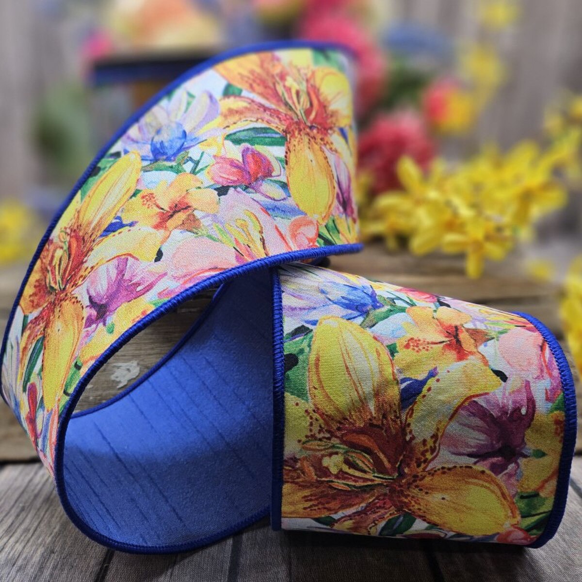 Dupion Summer Floral Ribbon Yellow Pink Orange 4" x 10 Yds