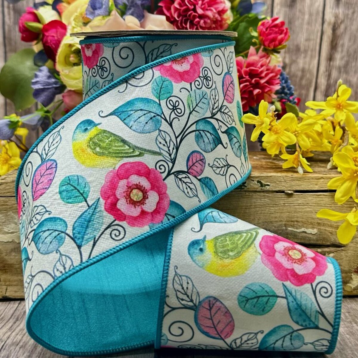 Aqua Pink White Dupion Ribbon with Floral Birds 4" x 10 Yds
