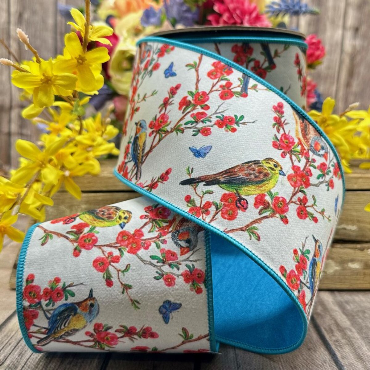 Dupion Coral Blue Yellow Ribbon with Quince Blossoms