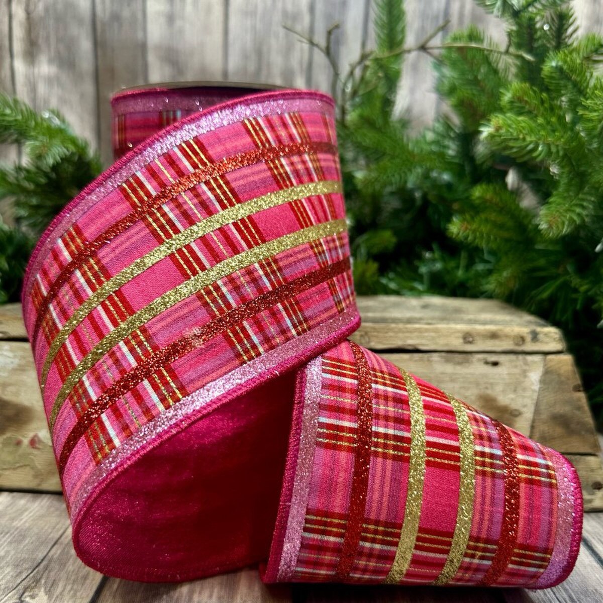 Plaid Glitter Stripe Ribbon Red Pink Gold 4 In x 5 Yds