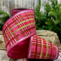 Plaid Glitter Stripe Ribbon Red Pink Gold 4 In x 5 Yds