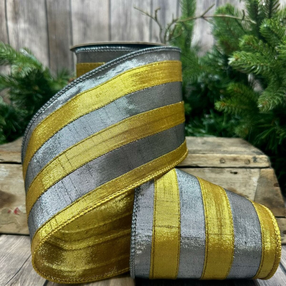 Old Gold Pewter Metallic Dupion Stripe Ribbon 4" x 5 Yds