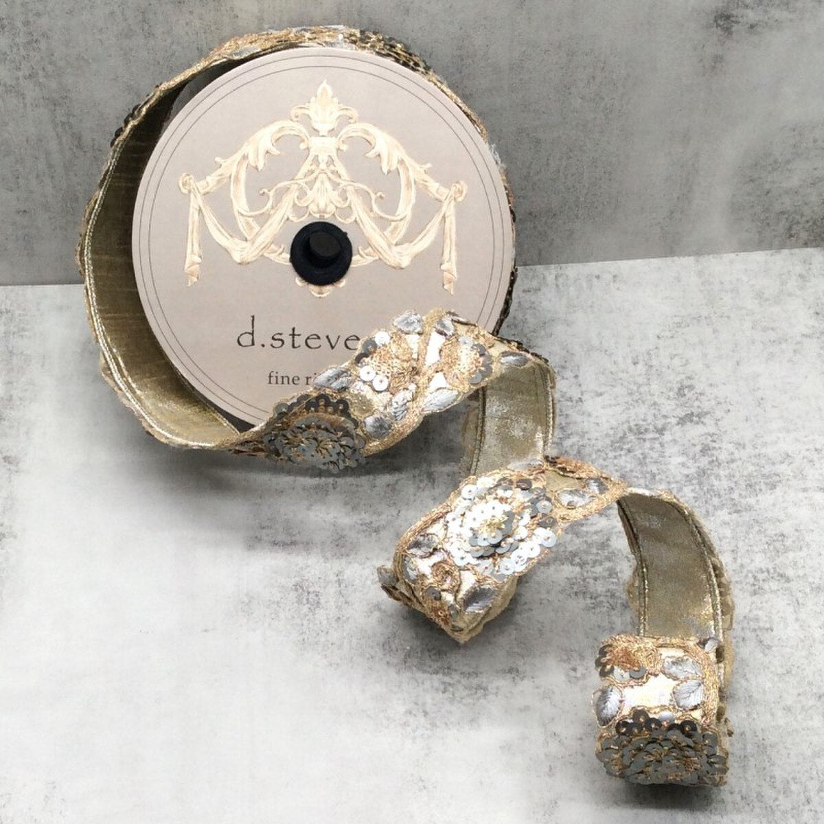 Metallic Gold Bullion Pewter Sequin Flower Vine Ribbon