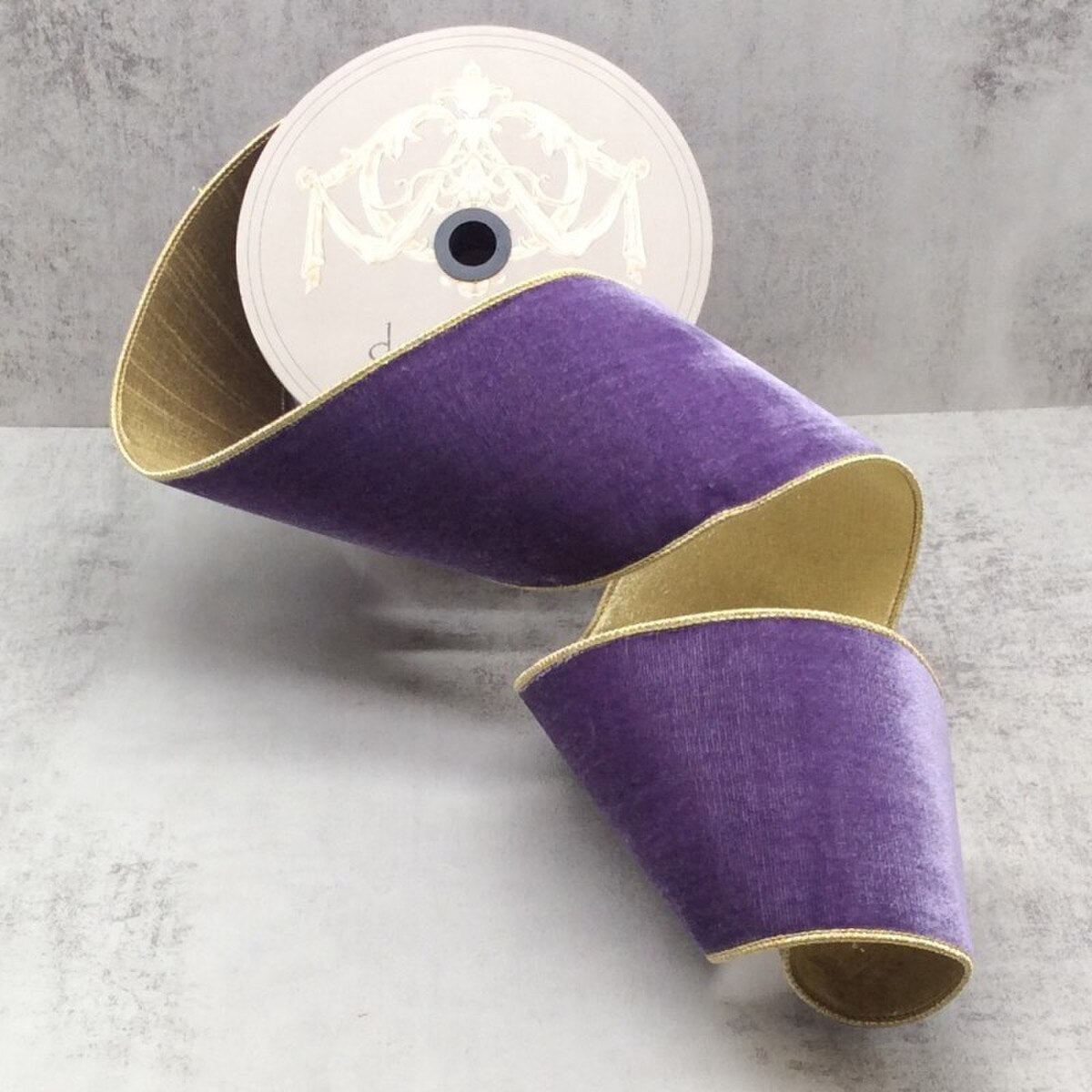 Violet Ribbon Lush Velvet Metallic Gold 4" x 10 Yds