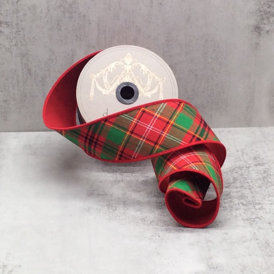 Dupion Plaid Ribbon Red Green White 2.5 Inch x 10 Yds