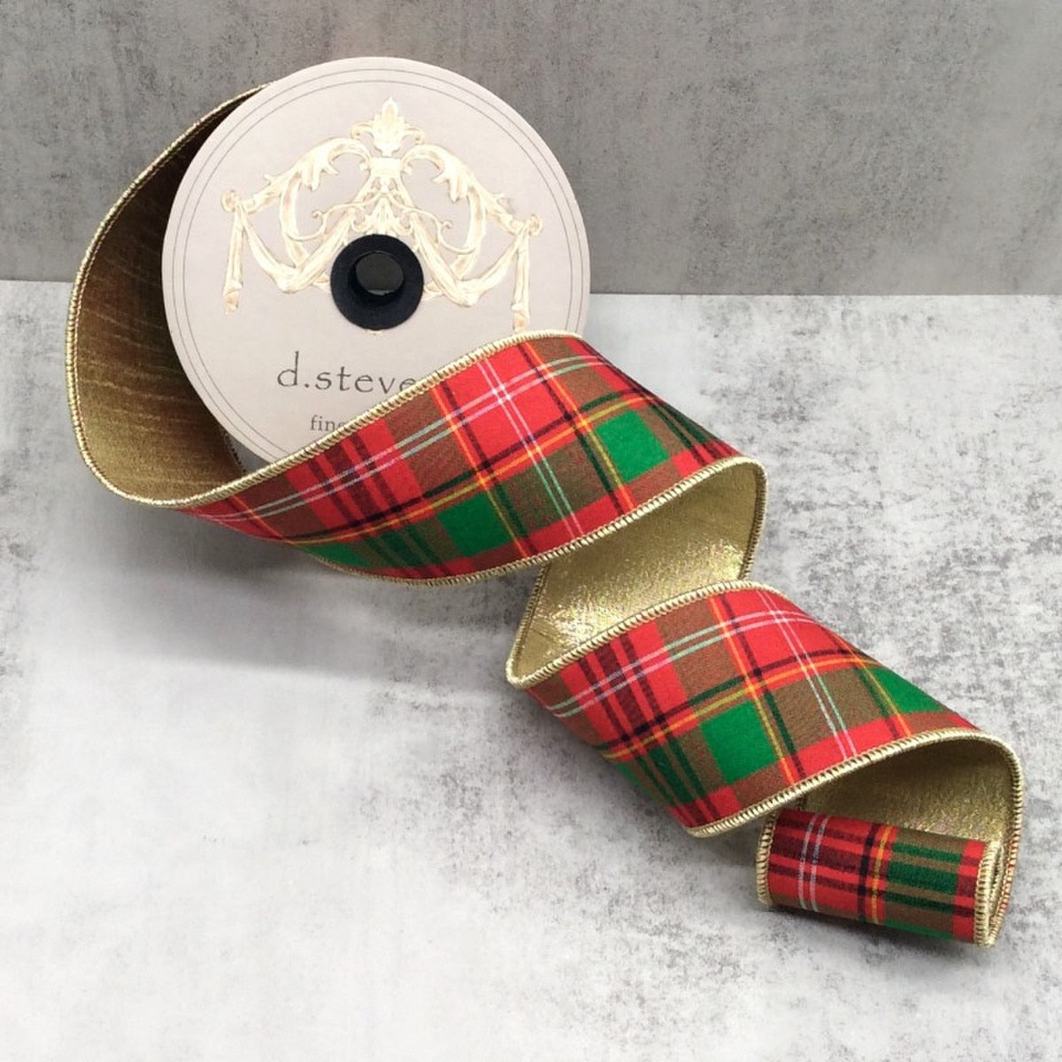 Dupion Plaid Ribbon 2.5 Inch Metallic Gold Red Green White