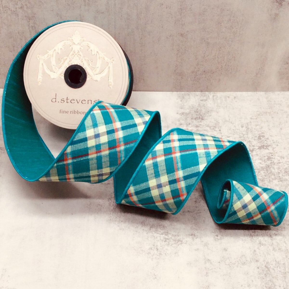 Dupion Plaid Ribbon Teal Orange Cream 2.5" x 10 Yds