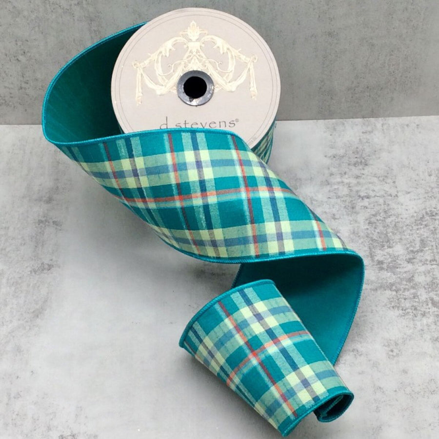 Dupion Plaid Ribbon Teal Orange Cream 4" x 10 Yds