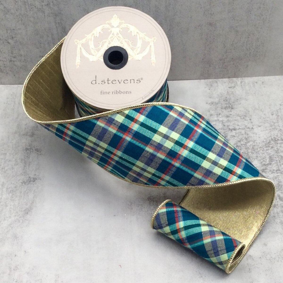 Dupion Ribbon Gold Back Teal Orange Cream Plaid 4" x 10 Yds
