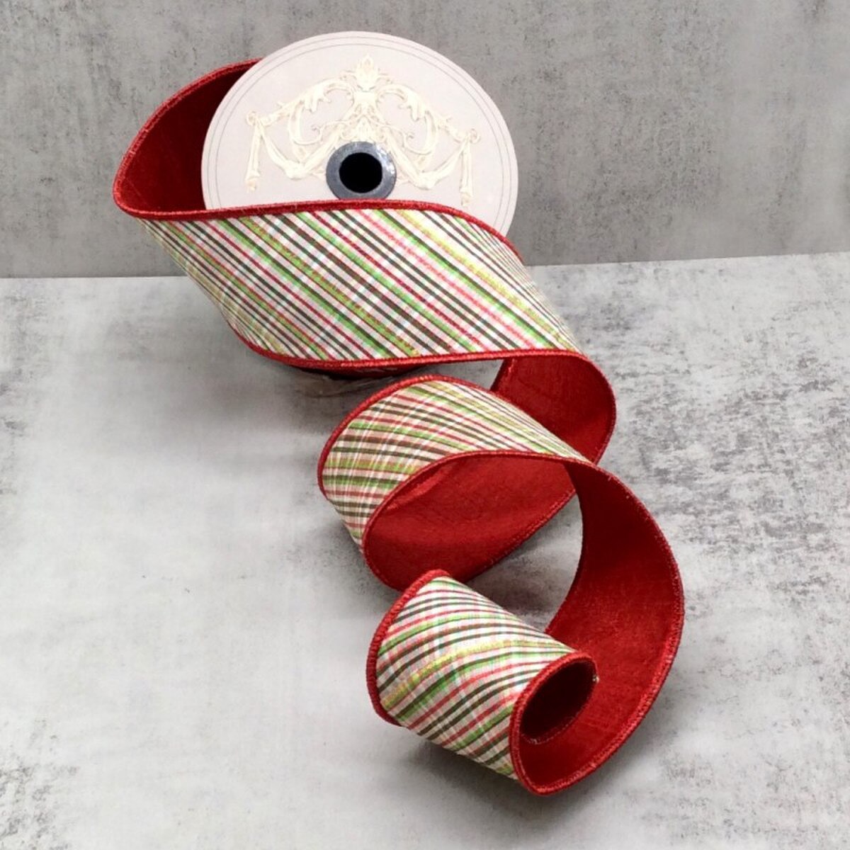 Dupion Glitter Ribbon Red Green White Plaid 2.5 Inch 10 Yds
