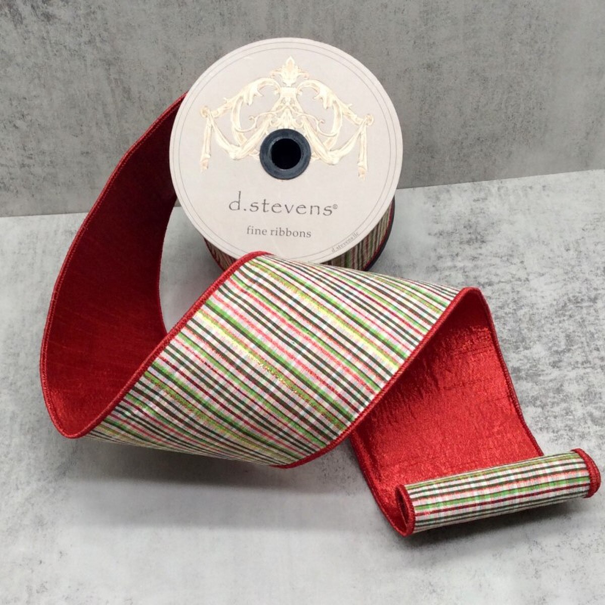 Dupion Ribbon Red Green White Glitter Stripe 4" x 10 Yds
