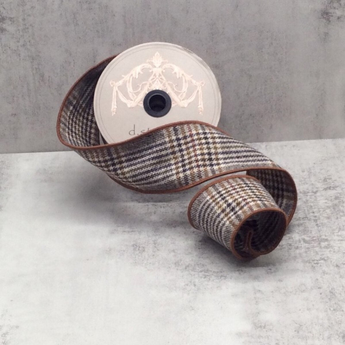 Faux Wool Plaid Ribbon in Brown Cream and Navy, 2.5" x 10 Yds