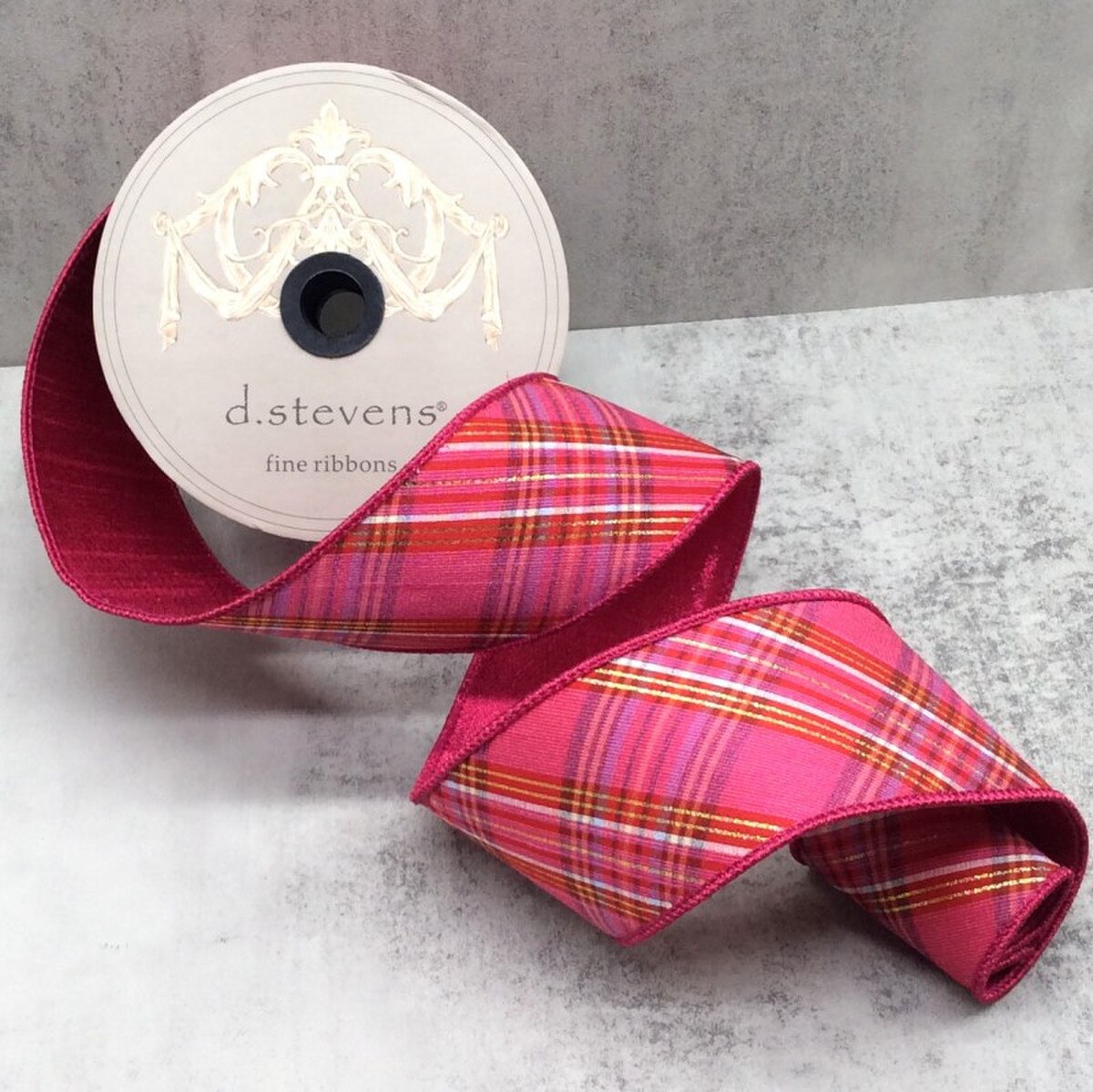 Dupion Plaid Gold Lurex Ribbon Red Hot Pink White 2.5" x 10 Yds