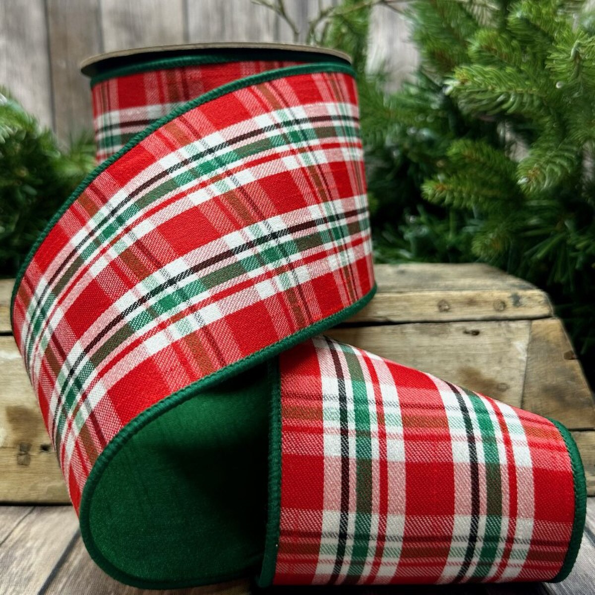 Faux Wool Plaid Ribbon Red Dark Green White 4" x 10 Yds