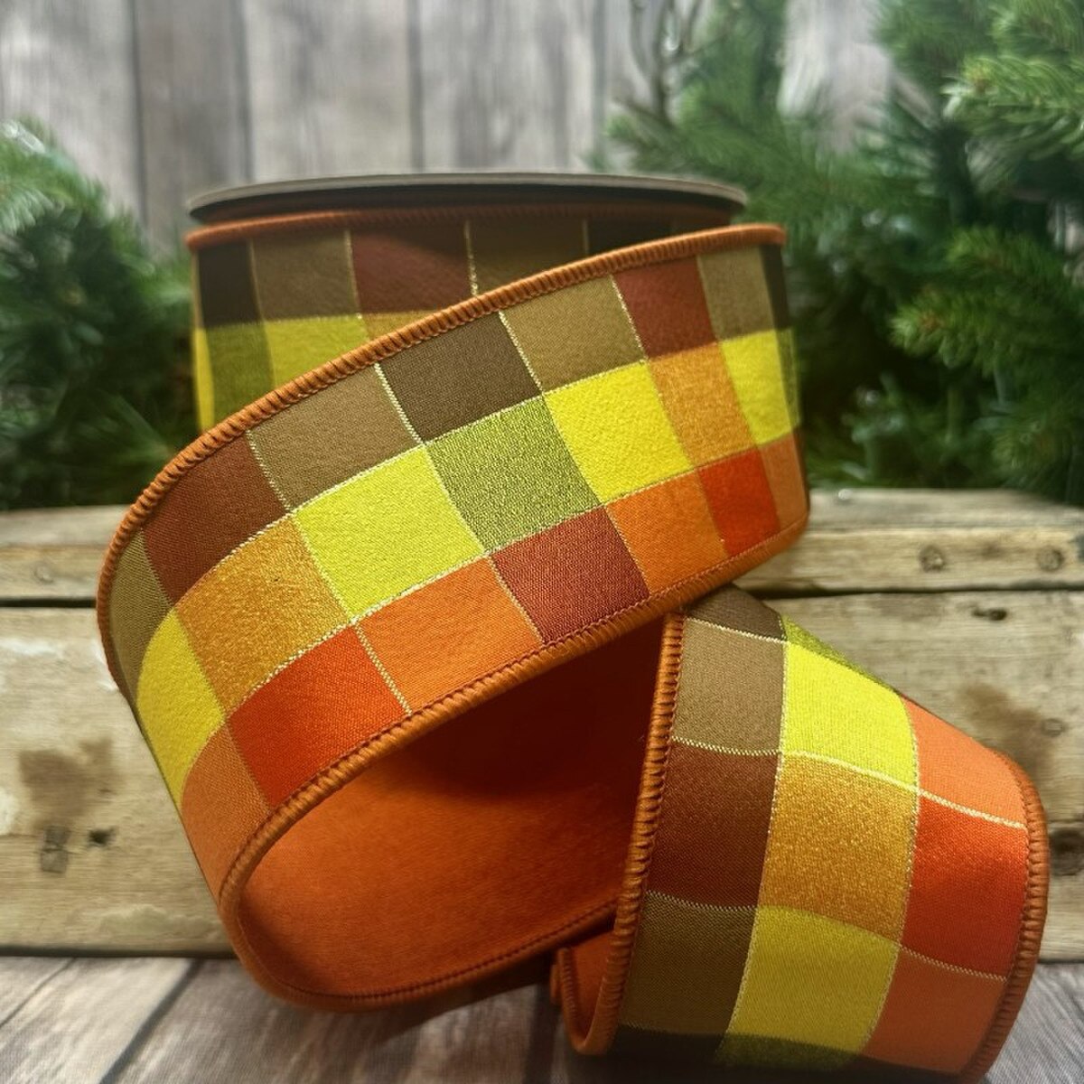 Taffeta Plaid Ribbon Orange Rust Chocolate 2.5 Inch x 10 Yds
