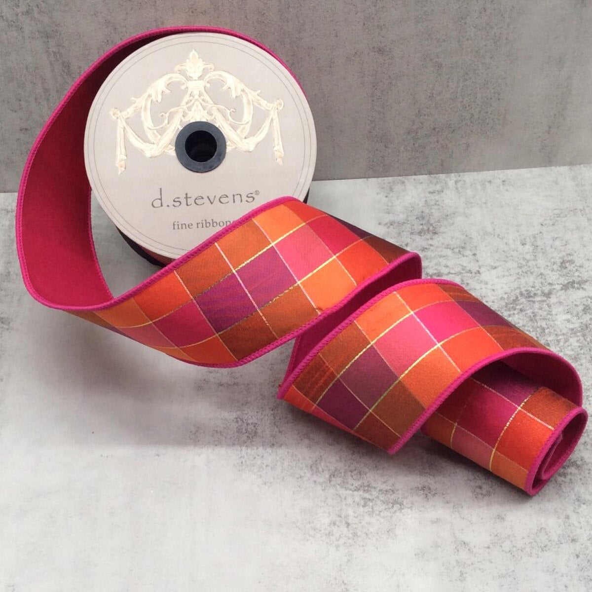 Taffeta Ribbon Orange Hot Pink Plaid 2.5 Inch x 10 Yds