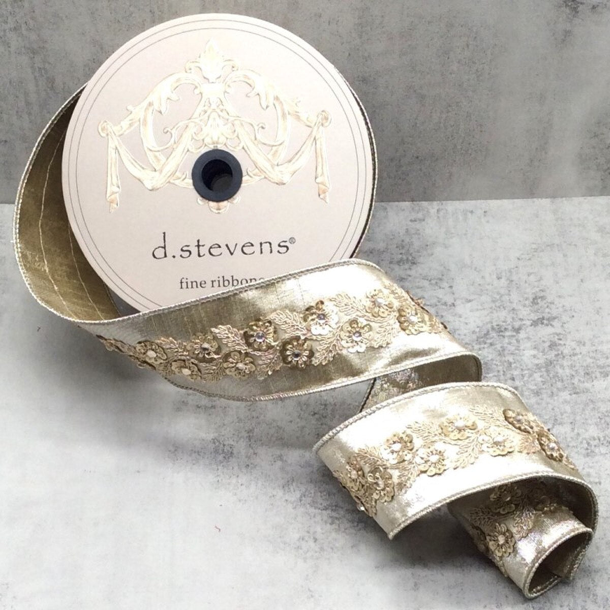 Platinum Metallic Dupion Sequin Floral Center Trim Ribbon