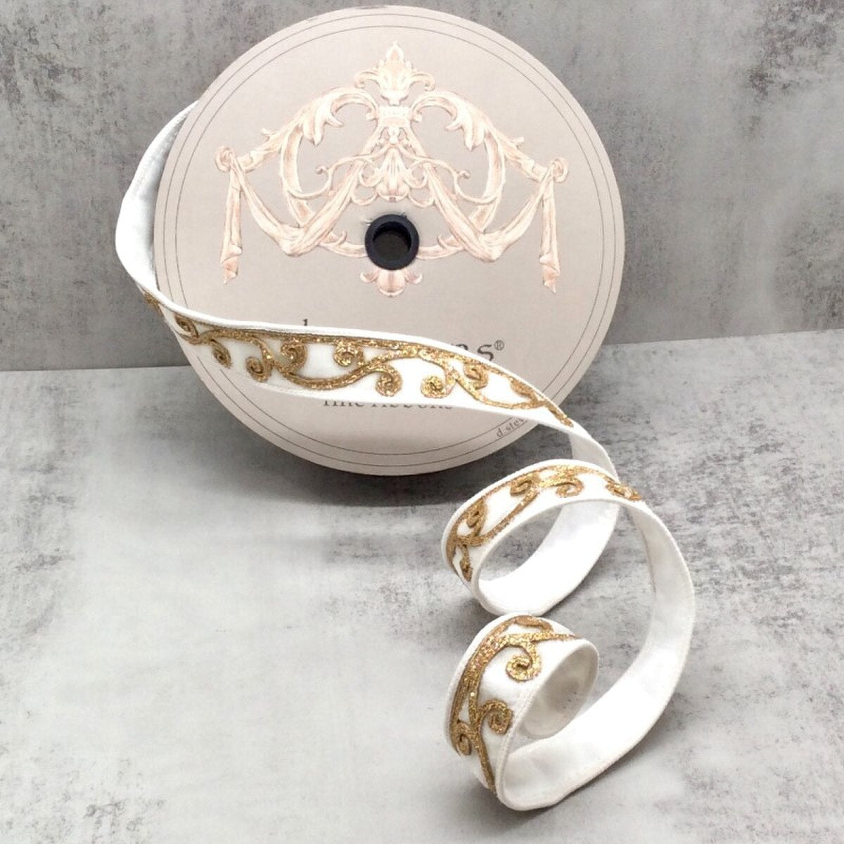Winter White Velvet Gold Glitter Scroll Trim Ribbon 1 Inch