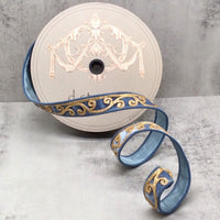 Dusty Blue Velvet Gold Glitter Scroll Trim Ribbon 1