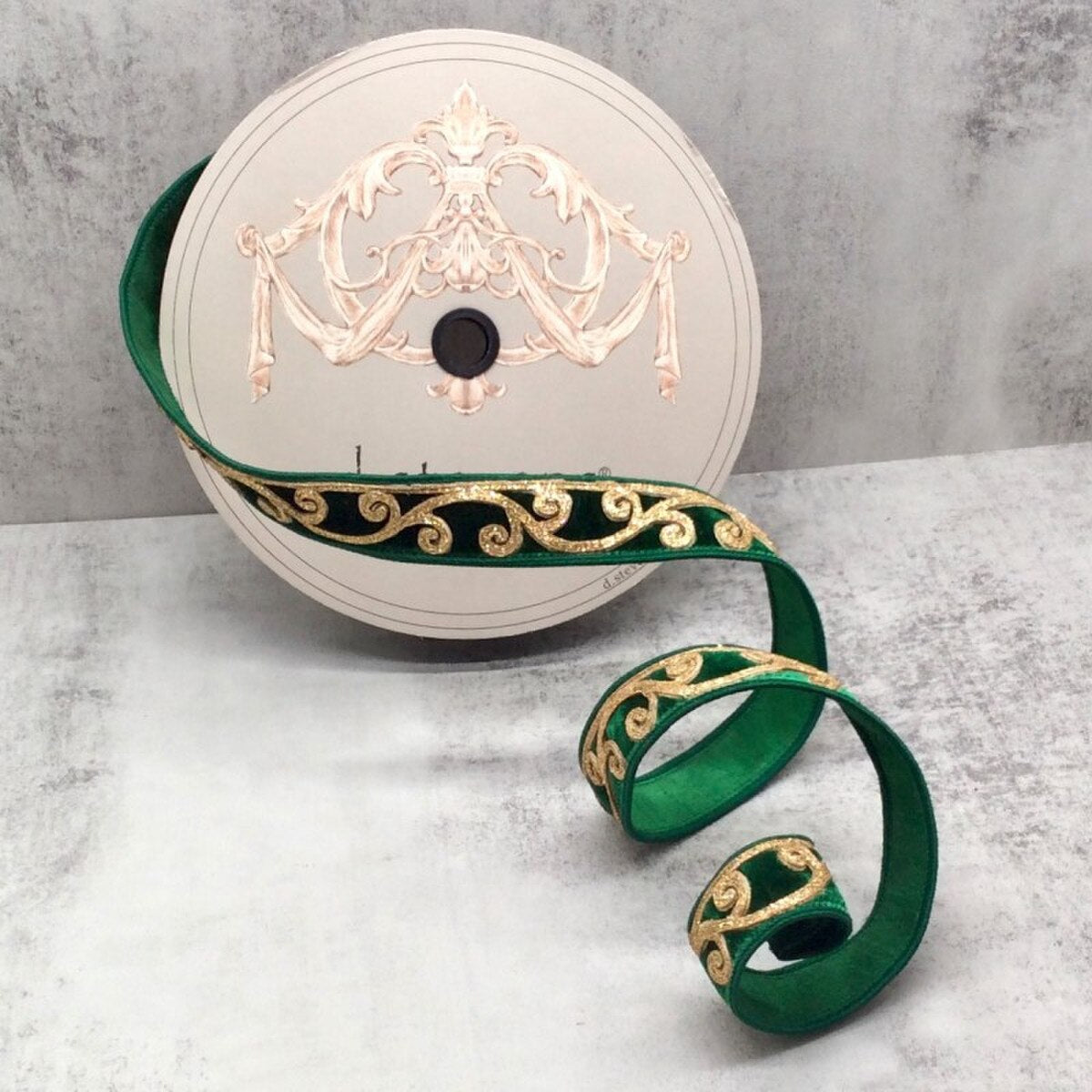 Emerald Velvet Gold Glitter Scroll Trim Ribbon 1" x 10 Yds