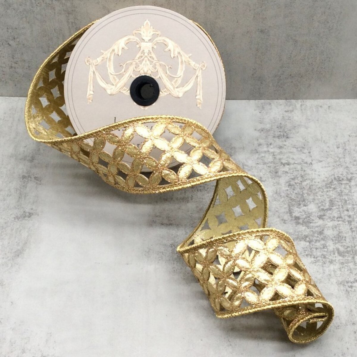 Gold Metallic Floral Ribbon 2.5 Inch x 10 Yards