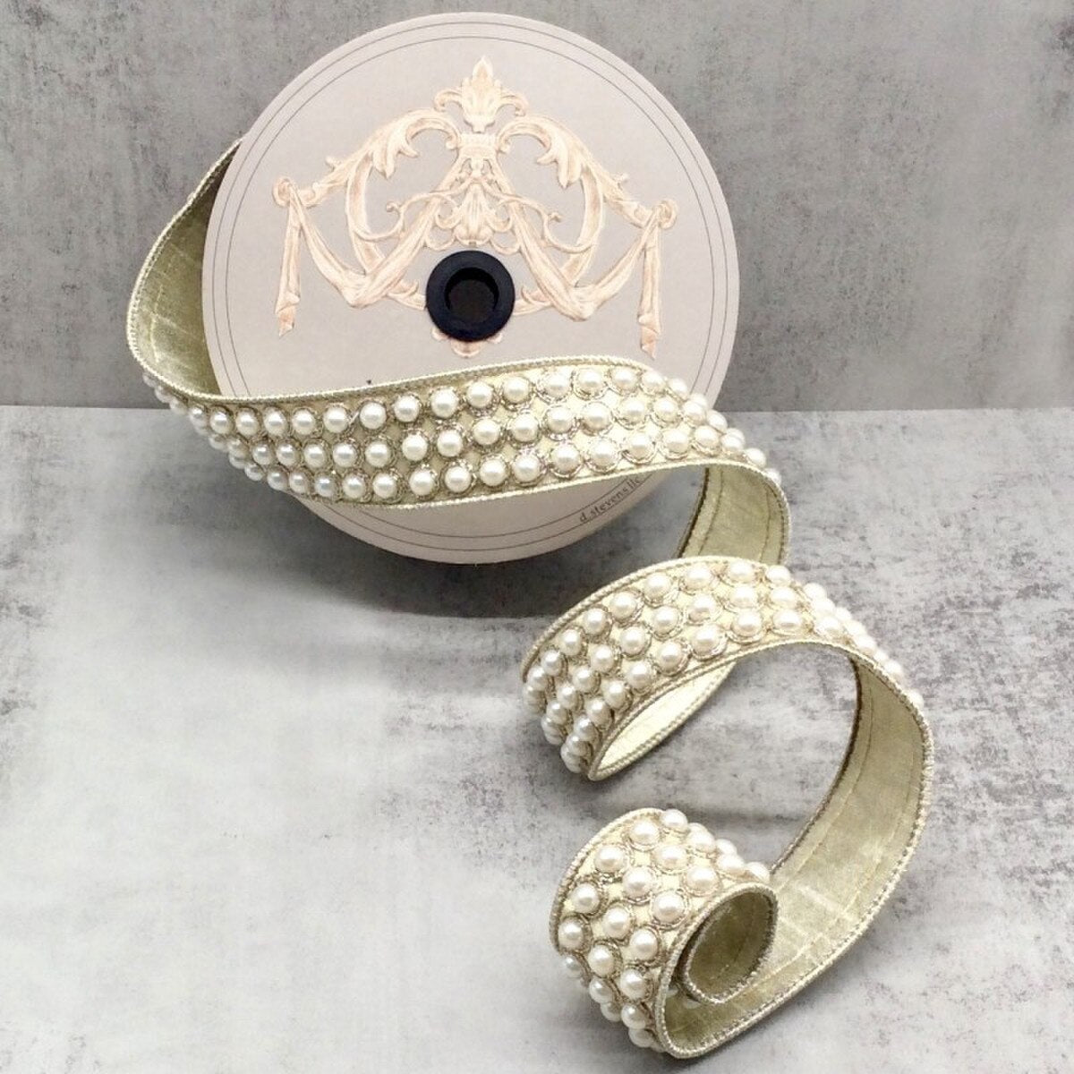 Platinum Metallic Dupion Pearls Trim Ribbon 1.5" x 5 Yds