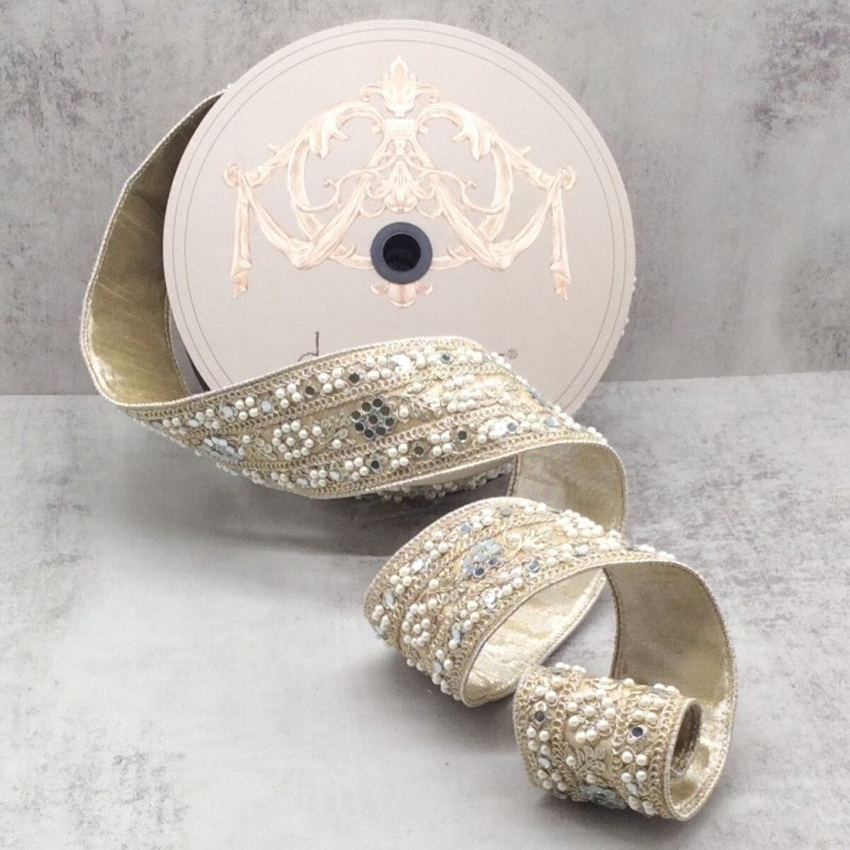 Floral Pearls Mirror Trim Platinum Ribbon 2.5 Inch x 5 Yds
