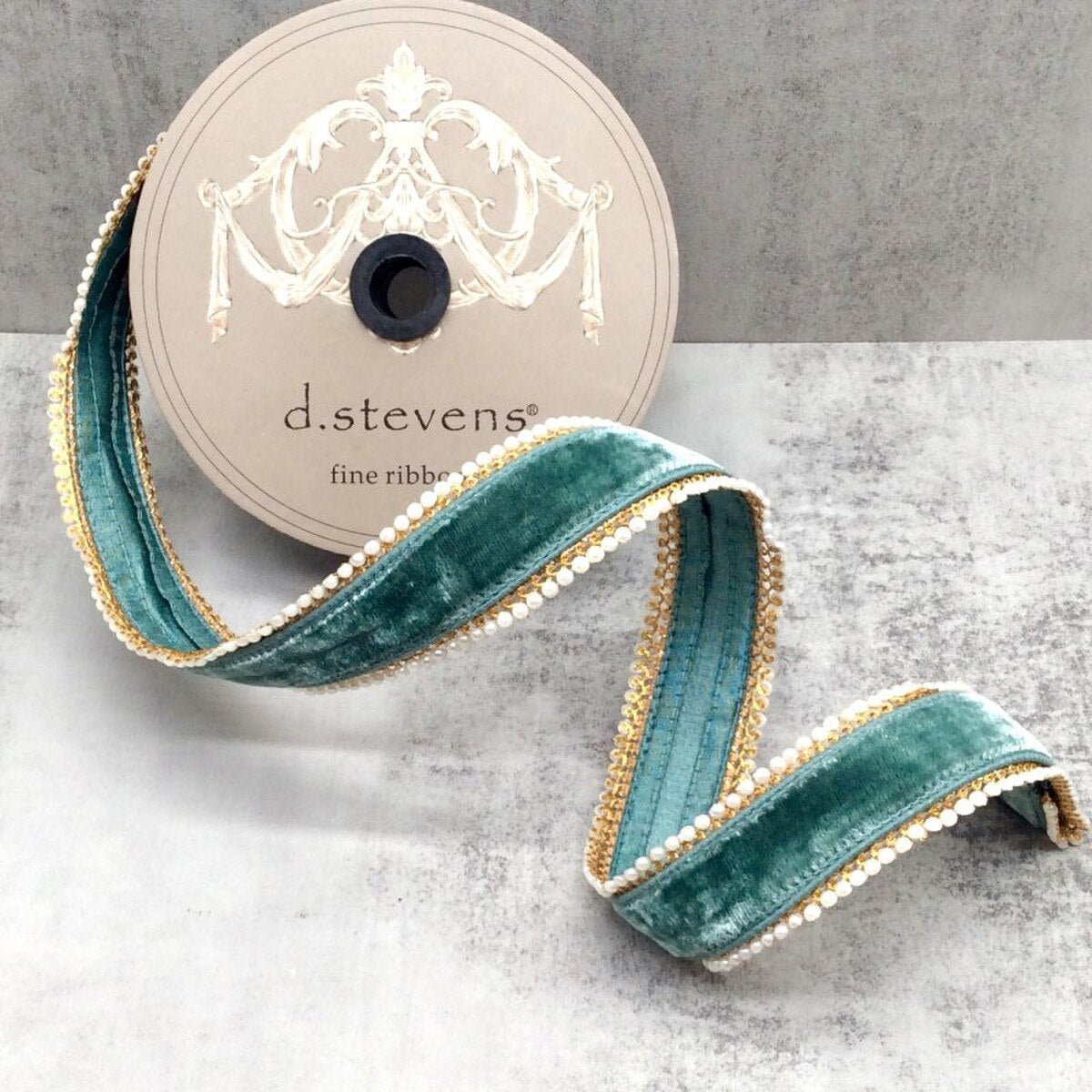 Celadon Velvet Pearl Side Trim Ribbon 1.5 Inch x 5 Yards