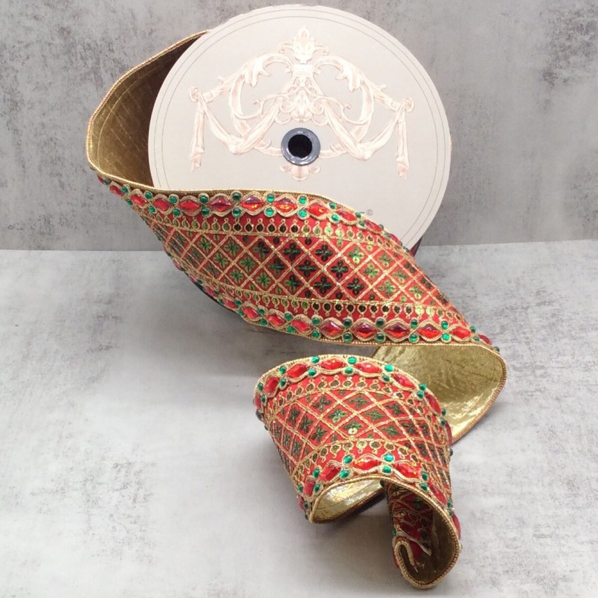 Dupion Green Sequin Ribbon with Red Side Trim, 4" x 10 Yds