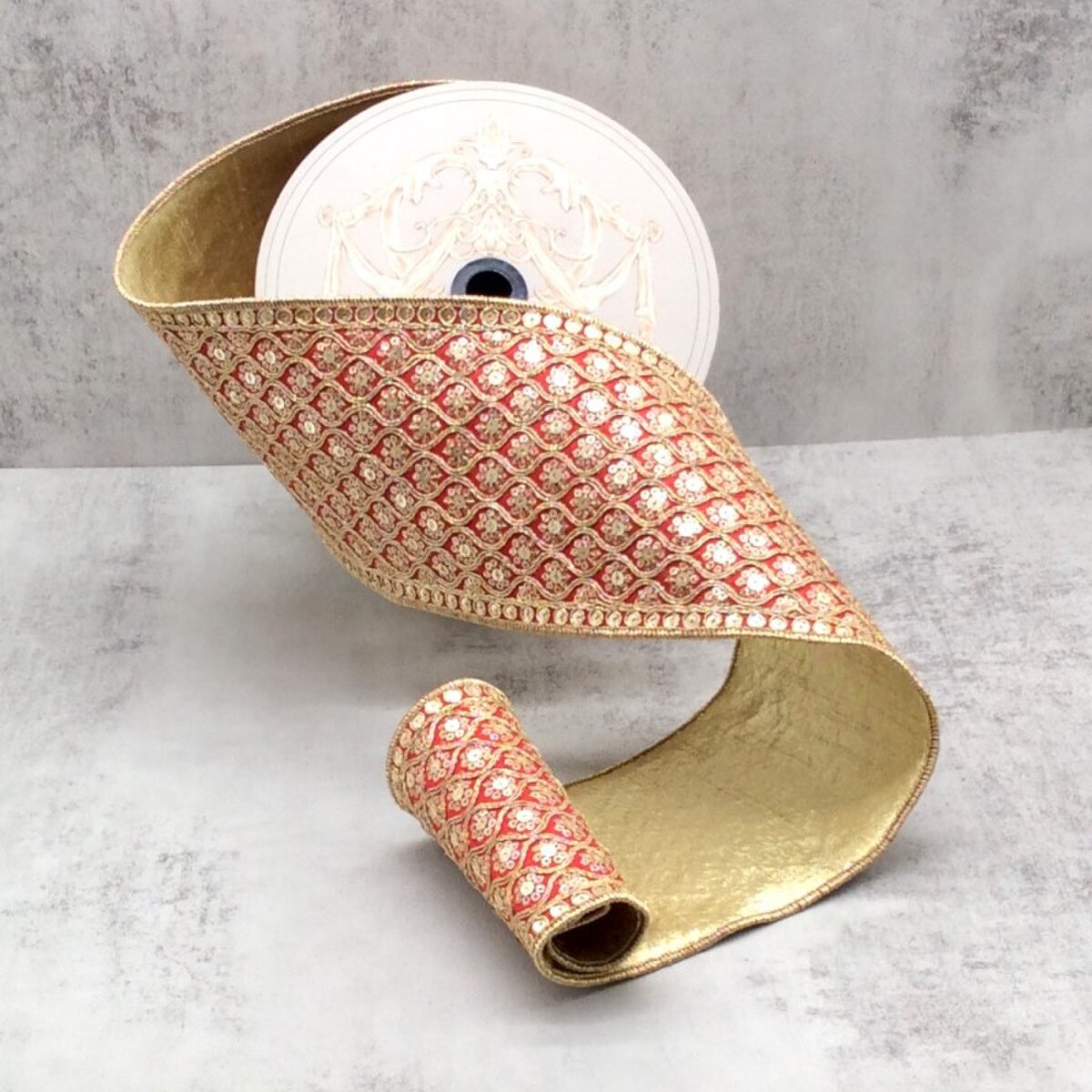 Red Dupion Gold Sequin Moroccan Pattern Ribbon 4" x 10 Yds