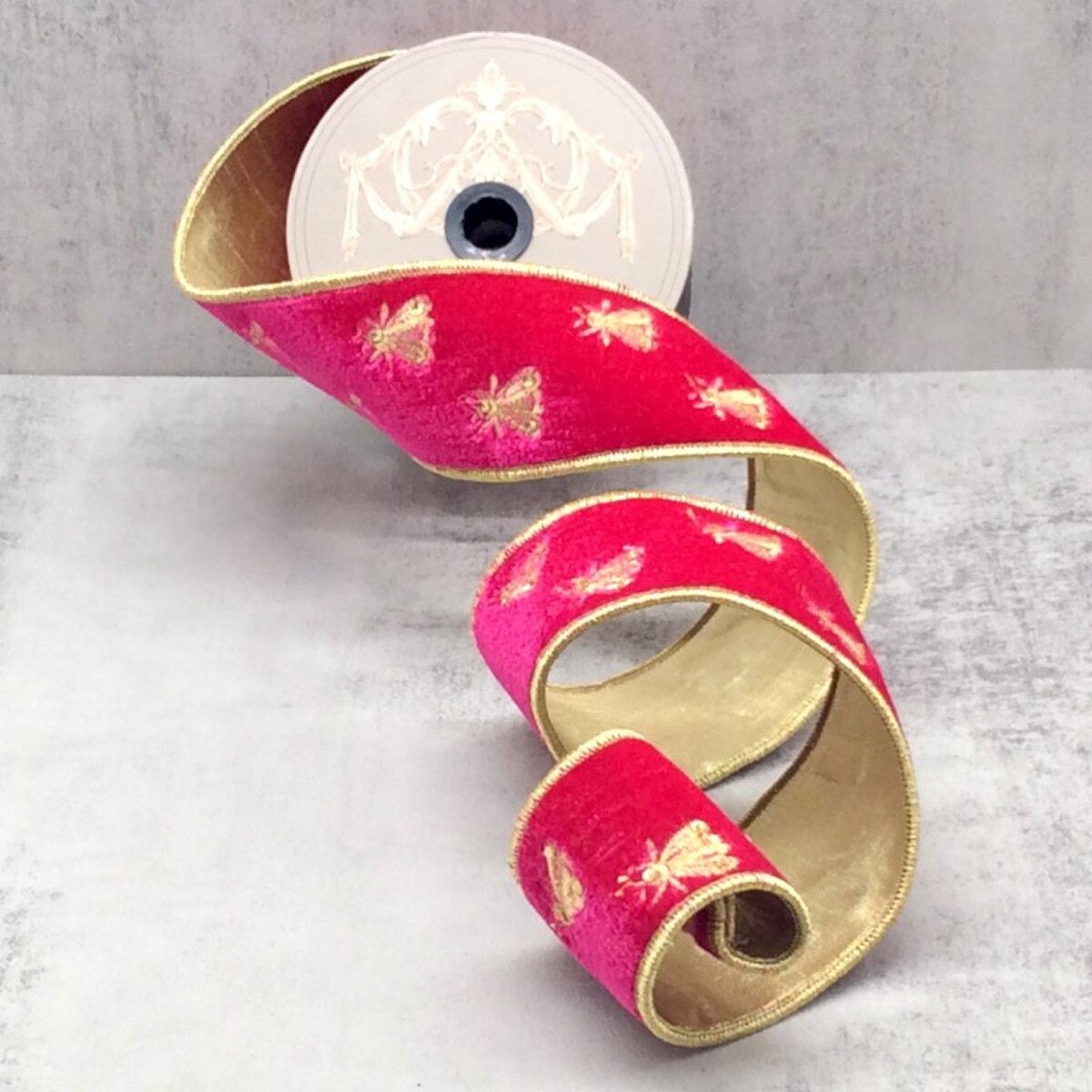 Hot Pink Velvet Ribbon with Gold Bee Embroidery 2.5" x 5 Yds