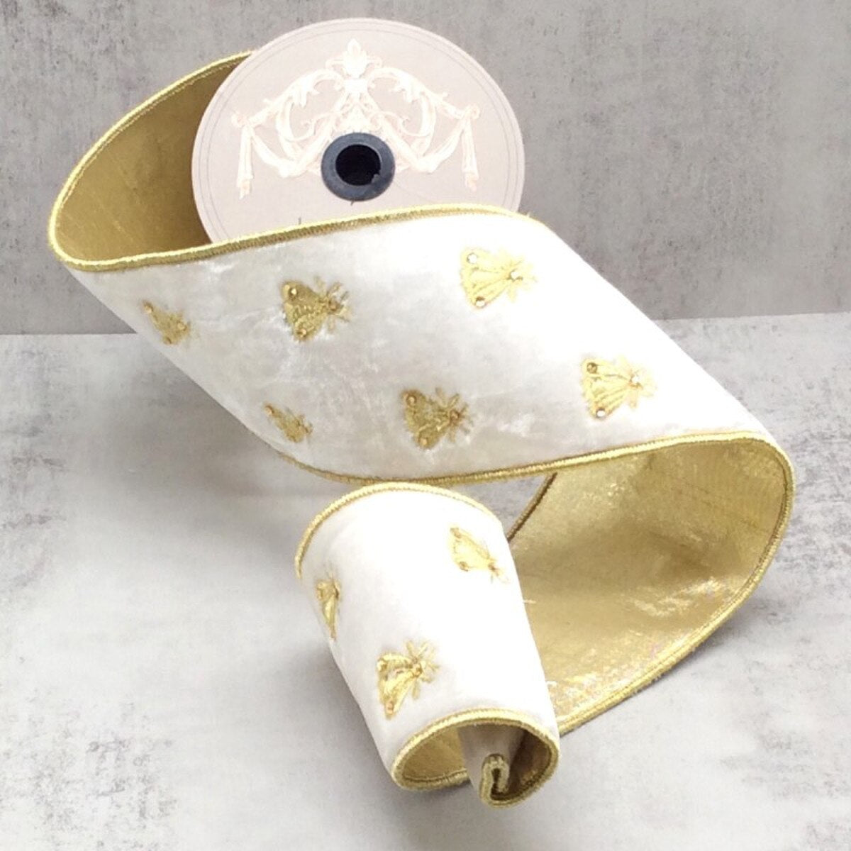 Winter White Velvet Gold Embroidery Bee Ribbon 4" x 5 Yds