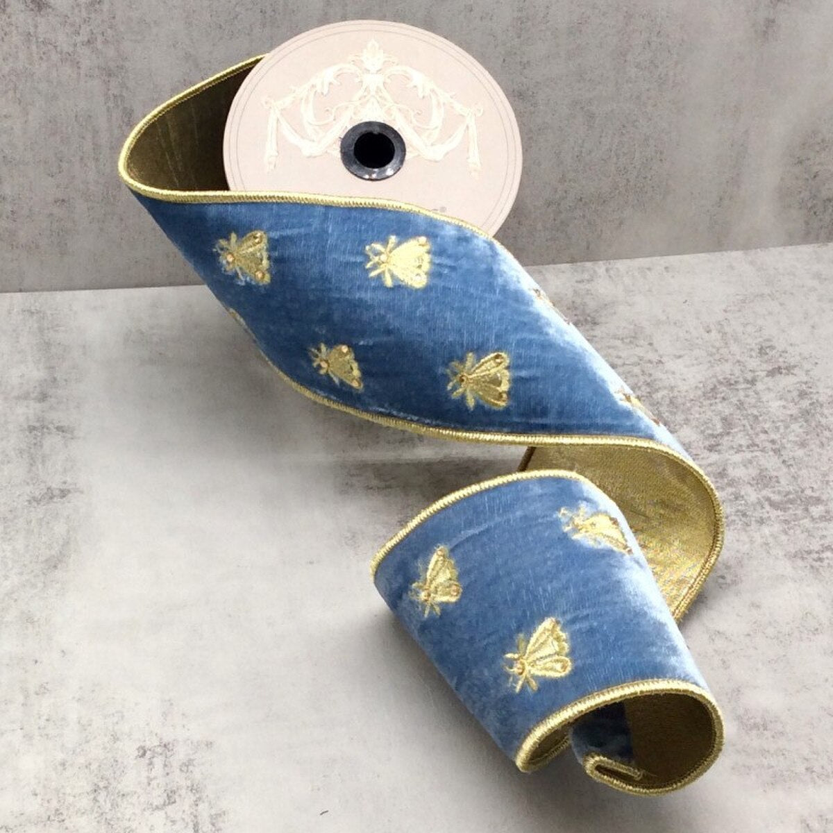 Bee Embroidery Velvet Ribbon Dusty Blue 4 Inch x 5 Yards