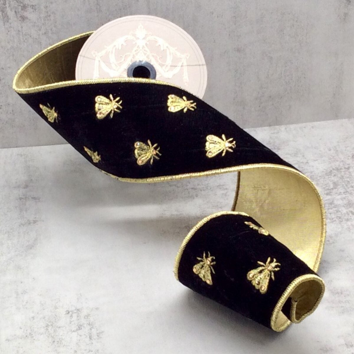 Black Velvet Ribbon with Gold Embroidery Bee 4" x 5 Yds