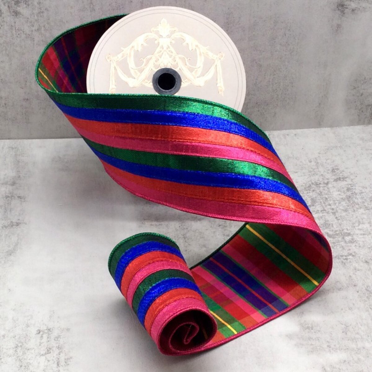 Metallic Dupion Stripe Plaid Ribbon Red Blue Pink 4" x 10 Yds