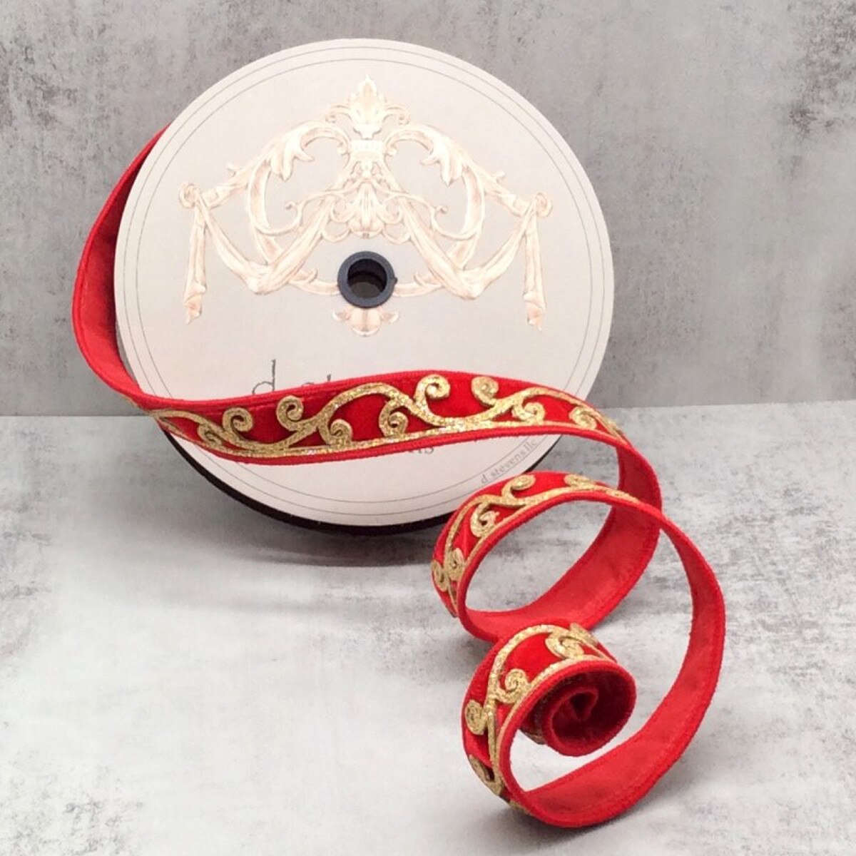 Red Velvet Gold Glitter Scroll Trim Ribbon 1 Inch x 10 Yds
