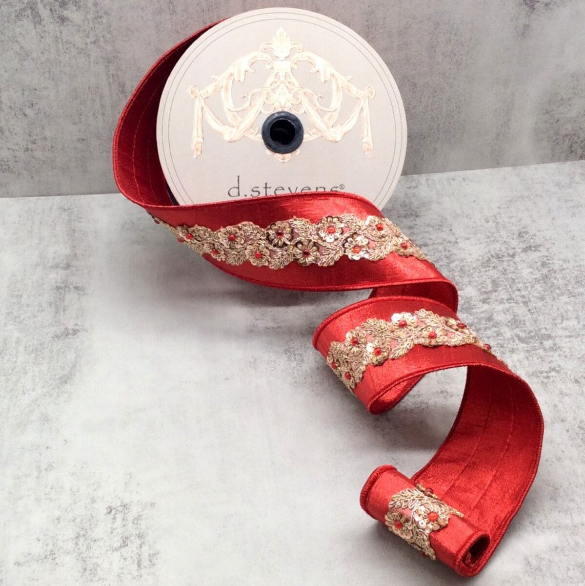 Gold Floral Trim Red Ribbon 2.5 Inch Metallic Dupion 10 Yds