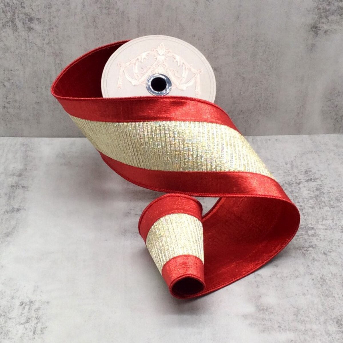 Gold Pleated Lame Red Ribbon 4 Inch x 10 Yards