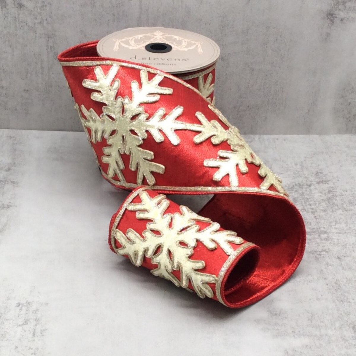 Gold Snowflake Red Ribbon Metallic Dupion 5.25" x 5 Yds