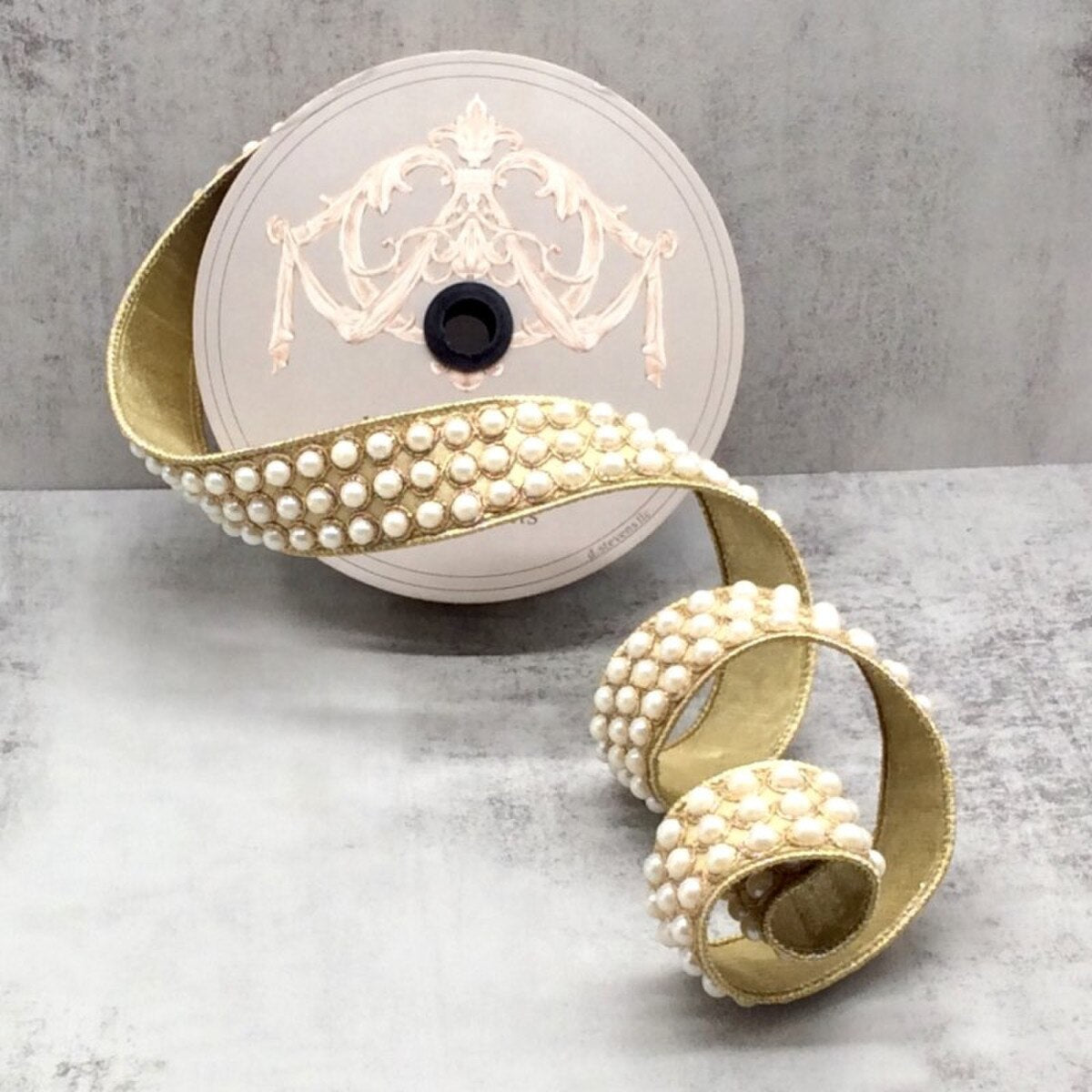 Metallic Gold Ribbon with Dupion Pearls Trim 1.5" x 5 Yds