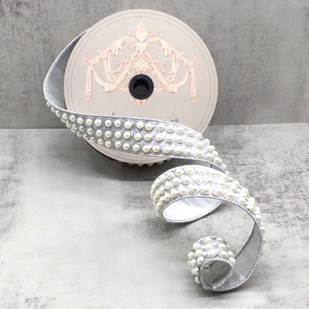 Silver Metallic Dupion Pearls Trim Ribbon 1.5" x 5 Yds