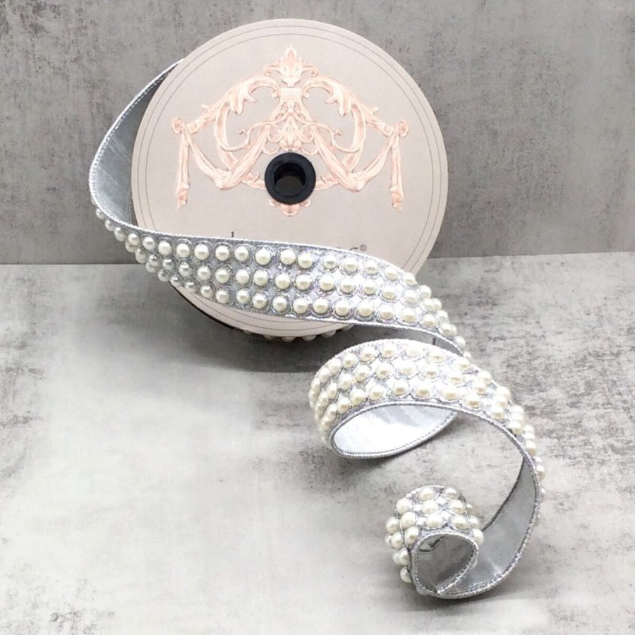 Silver Metallic Dupion Pearls Trim Ribbon 1.5" x 5 Yds