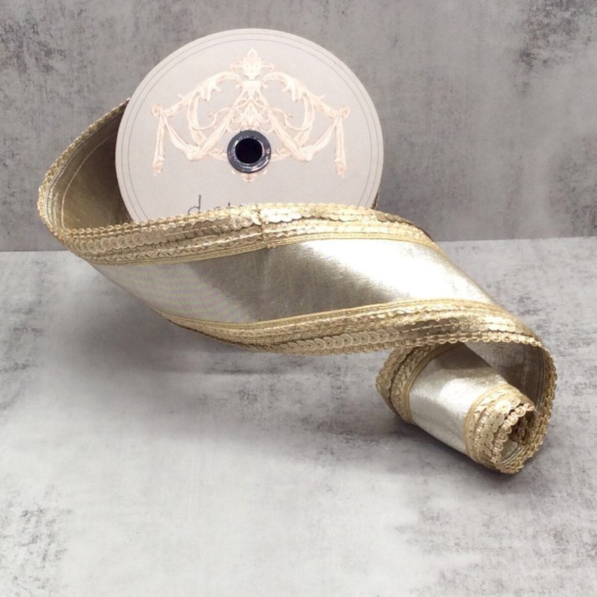 Platinum Metallic Dupion Sequin Scallop Edge Ribbon 4" x 10 Yds