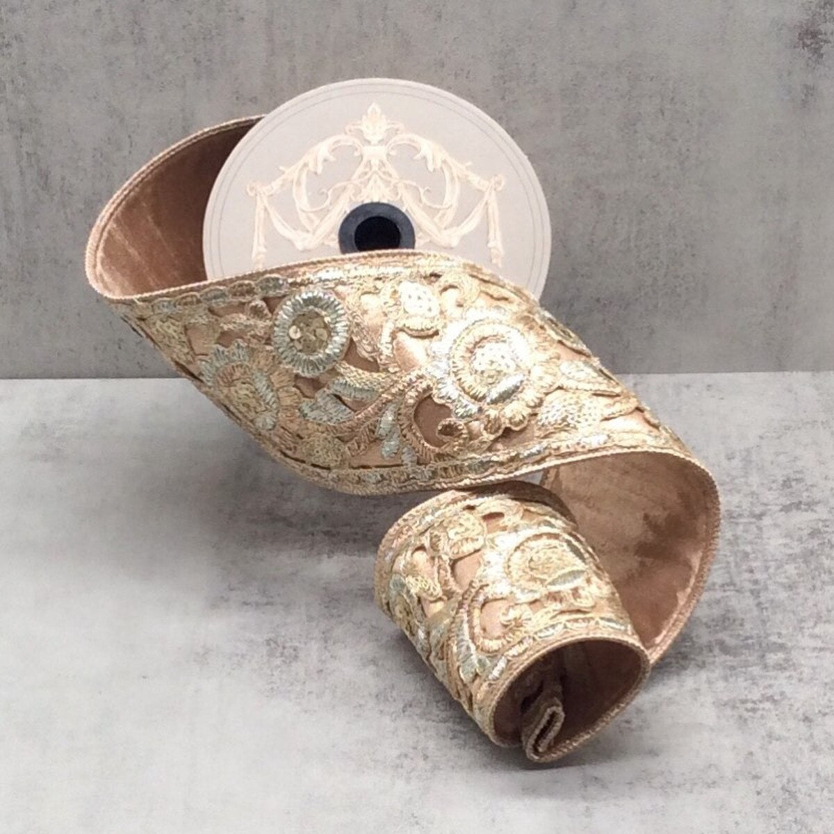 Rose Gold Embroidery Sequin Floral Trim Ribbon 3.5" x 5 Yds