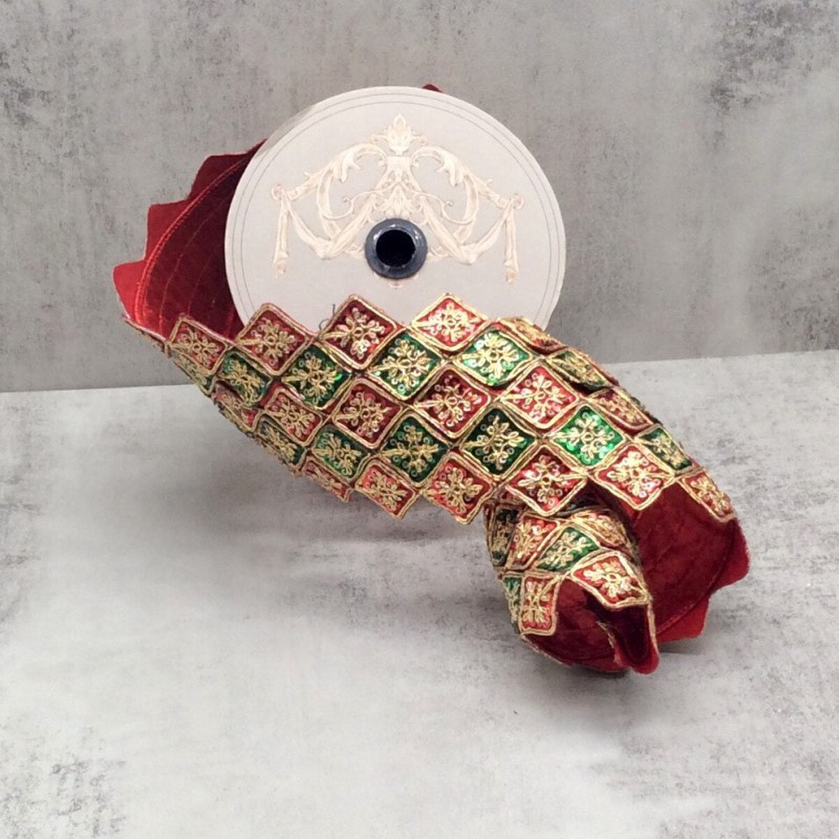 Harlequin Red Green Gold Metallic Dupion Sequin Ribbon